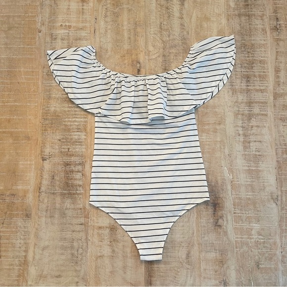 J. Crew Black and White Striped Off the Shoulder Ruffled Bodysuit - Picture 7 of 10